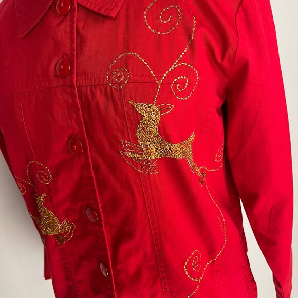 QUAKER FACTORY | Red Christmas Gold Sequin Embroidered Reindeer Jacket | Women's - Picture 3 of 11